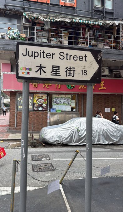A street sign pointing right that reads 'Jupiter Street' in English and '木星街' in Chinese, with the number 18, set against a Hong Kong street scene with a covered car and shops.