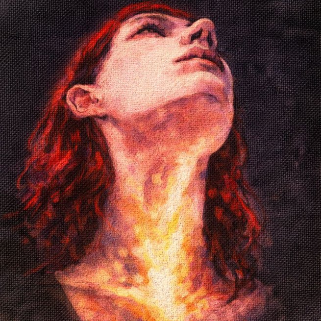 A painted portrait of a woman with red hair tilting her head back, with vibrant yellow and orange flames covering her neck and chest against a dark background.