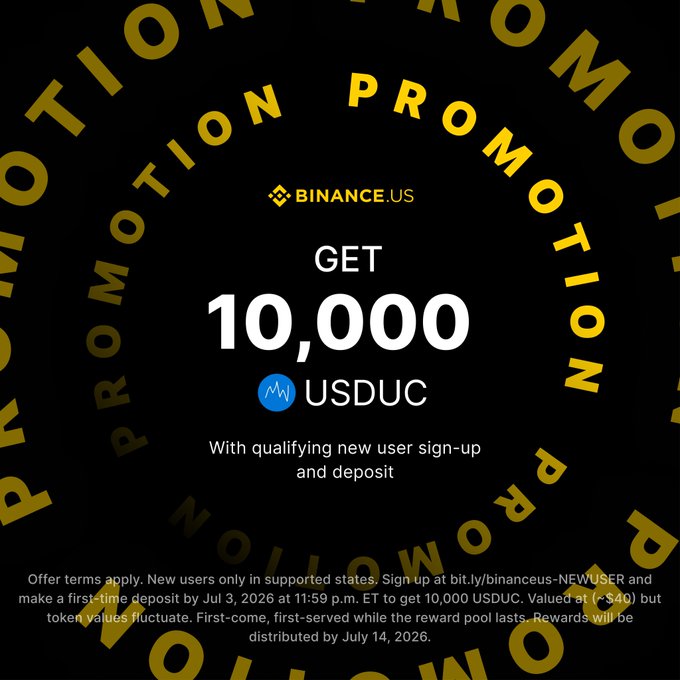 A Binance.US promotional graphic on a black background with gold "PROMOTION" text circling the border, advertising 10,000 USDUC (~$40) for new users who sign up and deposit by July 3, 2026. The image visually reinforces the post's sponsorship offer, highlighting the reward amount and crypto ticker in bold white text.