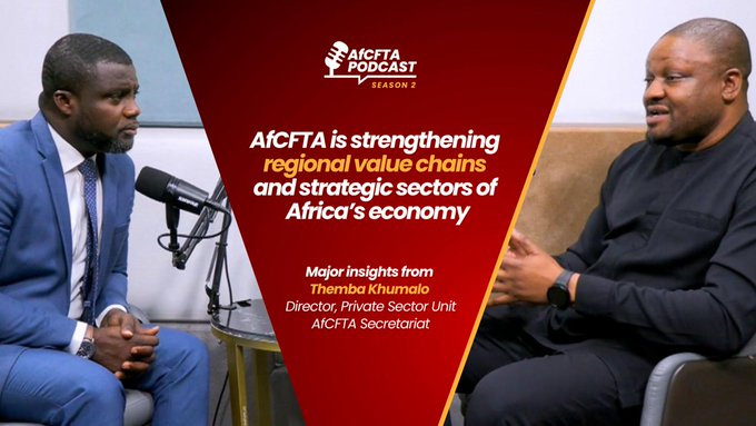 An AfCFTA Podcast (Season 2) promotional image featuring two men in a studio, with text highlighting insights from Themba Khumalo, Director of the Private Sector Unit at the AfCFTA Secretariat, on strengthening regional value chains in Africa's economy.