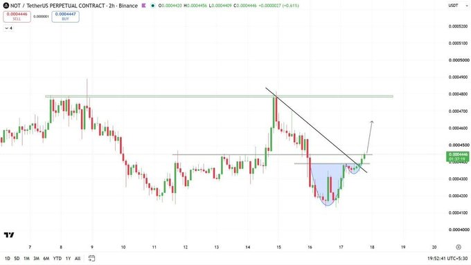 A TradingView 2-hour chart for NOT / TetherUS perpetual contract on Binance, showing an inverted head and shoulders pattern highlighted in blue.