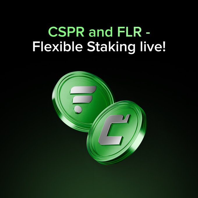 Image shows the FLR and CSPR coin logos with the text "CSPR and FLR - Flexible Staking live!" confirming the staking service described in the post.