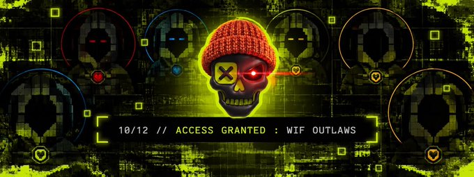 A dark, glitch-style digital graphic with pixelated skulls and a central skull wearing a red beanie and an X-eyed mask, displaying the text '10/12 // ACCESS GRANTED : WIFI OUTLAWS'.