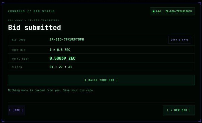 The image shows a ZKsnarks bid submission confirmation screen displaying bid code "ZR-BID-79XUR9TGFH" with 1 bid at 0.5 ZEC totaling 0.50039 ZEC sent, closing in 01:27:31. The interface confirms the user's successful bid submission, illustrating their concern about on-chain confirmation times before the auction closes.