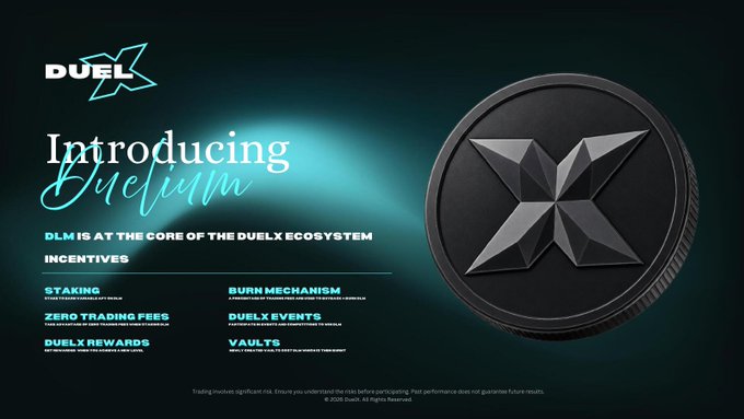 An advertisement introducing "Duelinn" token for the DUELX ecosystem, listing incentives including staking, zero trading fees, burn mechanism, DUELX events, rewards, and vaults, alongside a large black coin with a stylized X logo.