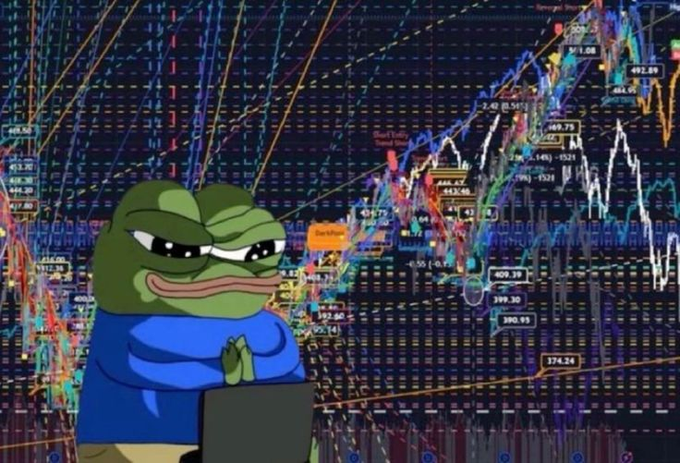 The image shows a Pepe the Frog meme character, eyes narrowed in a skeptical or unimpressed expression, sitting at a laptop with arms crossed in front of a chaotic background filled with colorful, overlapping stock/crypto charts, candlestick patterns, and numerical data points (such as 492.89, 484.85, 669.73, and 174.24). This perfectly captures the post's joke about how the poster's "normie mom" would react to the overwhelming complexity of crypto charts when trying to be introduced to the space.