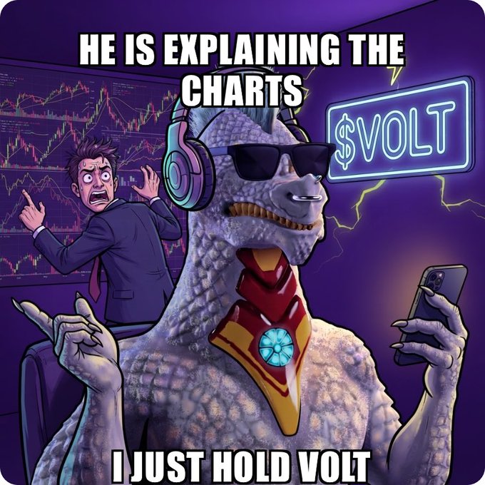 A crypto meme with text "HE IS EXPLAINING THE CHARTS I JUST HOLD VOLT" showing a lizard character wearing sunglasses and headphones with a $VOLT neon sign, while a person points frantically at charts in the background.