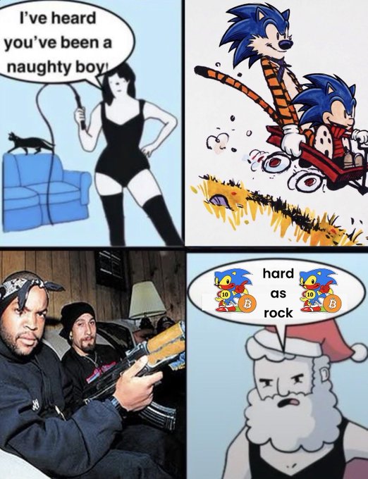 A four-panel meme featuring Sonic the Hedgehog characters. The panels include a woman with a whip saying 'I've heard you've been a naughty boy!', Sonic being pushed in a wagon, two men pointing guns, and a Santa character being called 'hard as rock' by two Sonic icons.