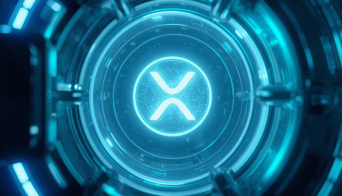 A futuristic blue glowing circular tunnel or portal featuring an 'XRP' logo in the center, representing the Ripple cryptocurrency.