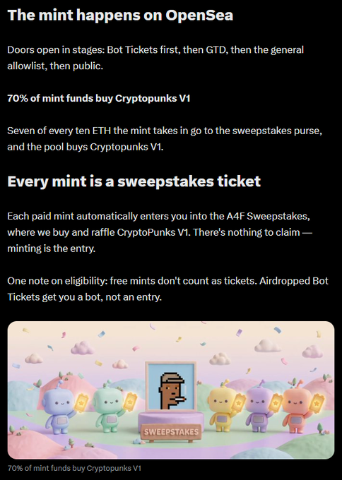 A digital page explaining a CryptoPunks V1 mint on OpenSea, stating '70% of mint funds buy Cryptopunks V1' and that 'Every mint is a sweepstakes ticket', accompanied by a pixel art illustration.