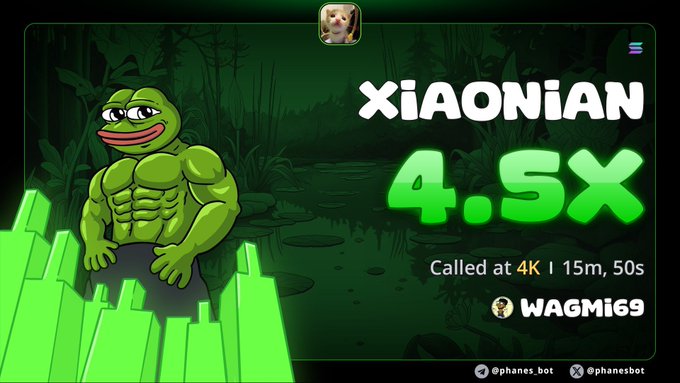 A Pepe the Frog mascot stands beside a price chart showing "XIAONIAN" called at "4.5X" with the text "Called at 4K | 15m, 50s" and "WAGMi69" branding, celebrating a successful 4.5x multiplier call on the Xiaonian token that aligns with the post's bullish bottom-bid announcement.