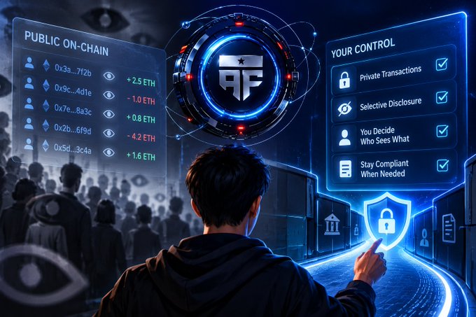 A digital illustration showing a person from behind looking at a blockchain interface with 'PUBLIC ON-CHAIN' data on the left showing ETH transactions with addresses like '0x3a...7f2b' and '0x9c...4d1e', and 'YOUR CONTROL' features on the right including Private Transactions, Selective Disclosure, and Stay Compliant When Needed.