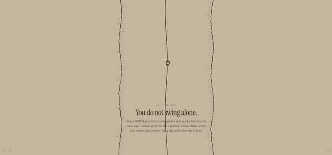 A minimalist editorial design featuring a thin vertical line and the text 'You do not swing alone.' along with a paragraph about omen and lace, with faint ruler markings on the sides.