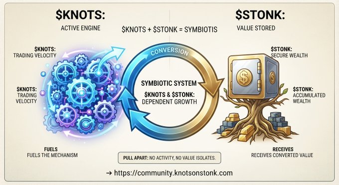 An infographic illustrates a symbiotic system between "$KNOTS" (an active engine representing trading velocity) and "$STONK" (stored value representing secure wealth), with a central circular arrow showing their conversion and dependent growth, alongside the URL https://community.knotsonstonk.com. The diagram reinforces the post's analogy by visually depicting the two tokens as interdependent—like organisms in symbiosis—where $KNOTS fuels trading activity and $STONK accumulates the converted value.