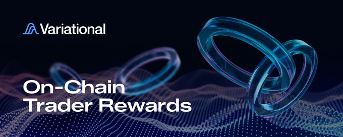 The image is a promotional banner for Variational featuring the Variational logo and the text "On-Chain Trader Rewards," displayed alongside abstract 3D chain link graphics on a dark background with a wave pattern. It relates to the post by advertising a trader rewards program that the user claims has failed to recognize their substantial $1.7 billion in combined perpetual trading volume across two wallets.