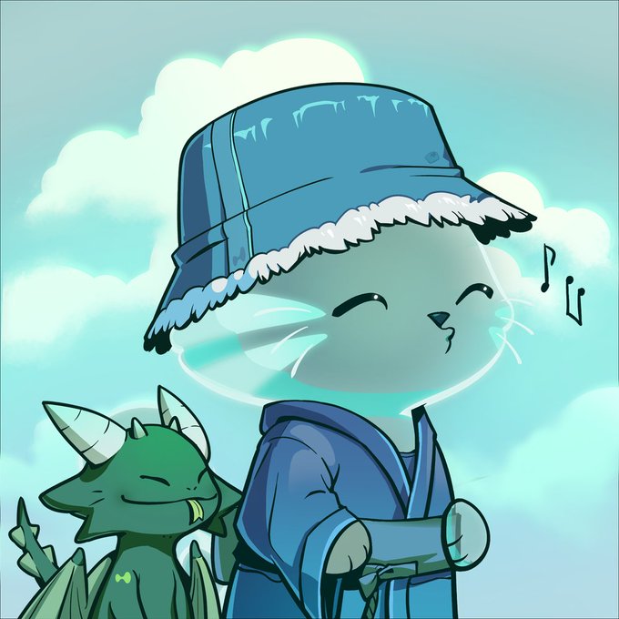 A cartoon illustration depicts a round light-blue character wearing a blue winter hat with fur trim and a blue coat, standing next to a small green dragon-like creature under a cloudy sky.