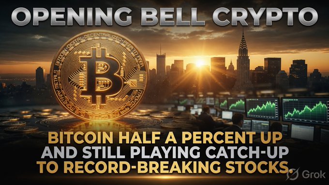 A news graphic titled 'OPENING BELL CRYPTO' showing a Bitcoin coin against a city skyline, with the headline 'BITCOIN HALF A PERCENT UP AND STILL PLAYING CATCH-UP TO RECORD-BREAKING STOCKS,' attributed to Grok.