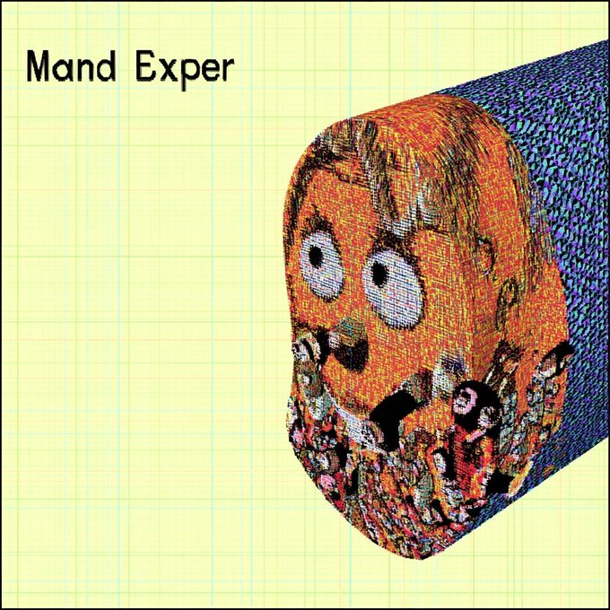 An album cover featuring a 3D cylindrical rendering of a cartoon face with text "Mand Exper" in the top left corner on a yellow grid background.
