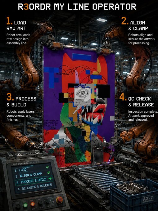 An infographic titled "R3ORDR MY LINE OPERATOR" showing a 4-step process (LOAD RAW ART, ALIGN & CLAMP, PROCESS & BUILD, QC CHECK & RELEASE) with robots handling a colorful abstract artwork in an industrial setting.