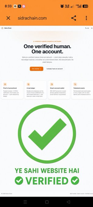 A screenshot of the official Sidra Chain website (sidrachain.com) displayed on a mobile browser, featuring a large green checkmark and the caption "YE SAHI WEBSITE HAI" (meaning "This is the correct website" in Hindi) to confirm authenticity. The image reinforces the post's advice to verify the official URL before logging in, helping users avoid phishing or fraudulent Sidra Chain pages.