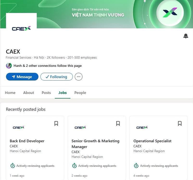 A LinkedIn page for CAEX, a financial services company in Hà Nội with 2K followers, displaying recently posted jobs including Back End Developer, Senior Growth & Marketing Manager, and Operational Specialist positions.