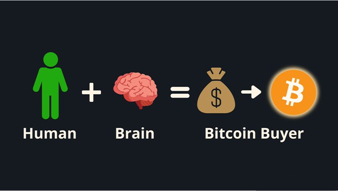 A conceptual infographic illustrating that "Human + Brain = Bitcoin Buyer," showing a green human figure and a pink brain combining to produce a money bag, which then points to an orange Bitcoin symbol.