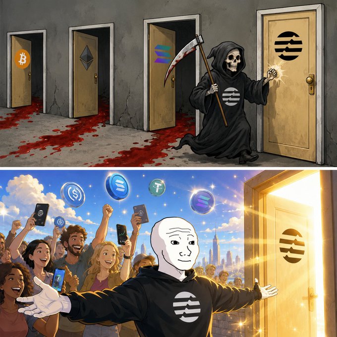 The image features two different scenes of people standing outside doors with their arms outstretched. In one scene, there's a man holding a skeleton's head with a cane, while in the other scene, he has his arms open wide as if welcoming someone into his home or office. The first person is dressed in a black hoodie and appears to be a sad-looking individual, possibly a fan of the character Death from the inside Out. In contrast, the second person is wearing a black hoodie with a white logo on it and seems more cheerful about the situation. Both scenes are set against a backdrop that includes a building and some people standing nearby. The image also contains text related to cryptocurrency and social media, which might be related to the ongoing discussions or events surrounding these topics.