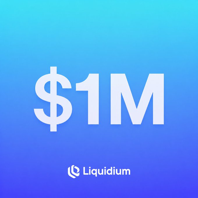 Bold "$1M" milestone graphic on a blue gradient background, celebrating Liquidium reaching $1M in active loans, paired with the Liquidium logo at the bottom. The image visually reinforces the post's announcement of 10x growth from $100K to $1M in active loans over 105 days.