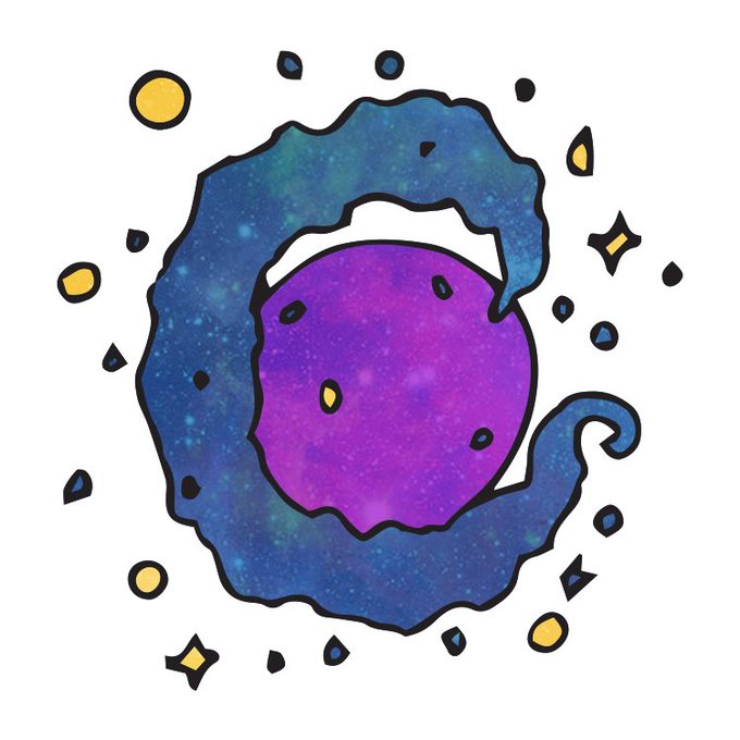 An illustration of a purple planet or orb surrounded by a swirling blue and green cosmic nebula and small star-like particles on a white background.