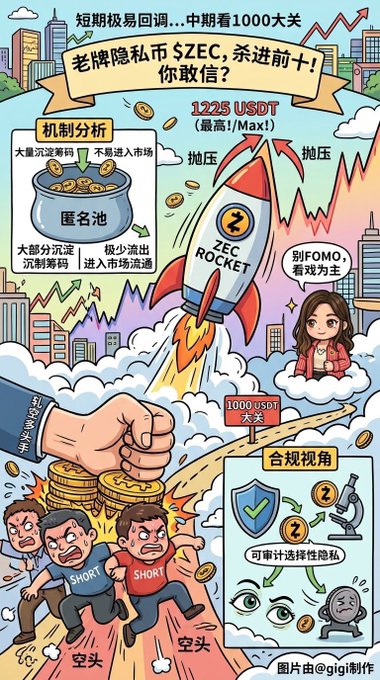 A Chinese-language illustrated infographic promotes a cryptocurrency scheme called 'ZEC Rocket,' warning about 'short-term pullbacks' and targeting a '1000 USDT' threshold, with sections analyzing its mechanism, compliance, and market squeeze dynamics.
