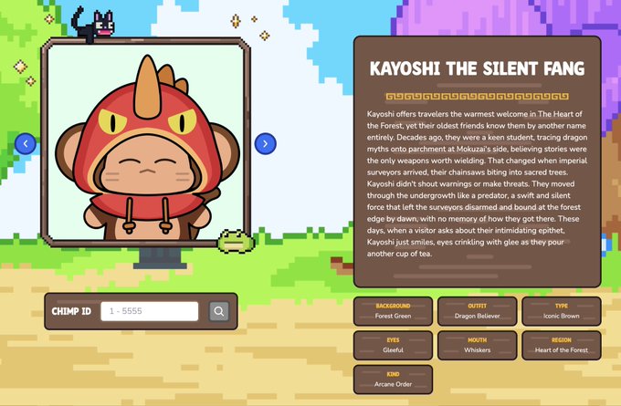 A pixel-art character profile page for 'KAYOSHI THE SILENT FANG', a chimp-like creature in a dragon hoodie, with attributes including Forest Crown background, Dragon Believer outfit, and Heart of the Forest region.