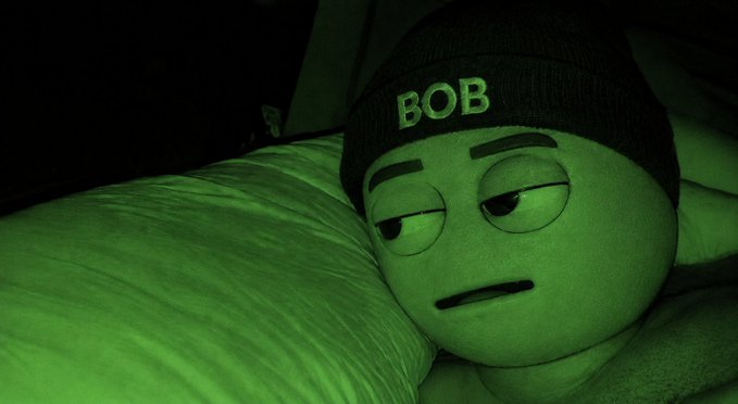 A green-tinted photo of a plush toy with a sad expression wearing a black beanie with 'BOB' written in green letters, resting on a striped pillow.