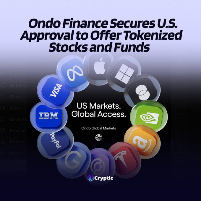 The image announces that "Ondo Finance Secures U.S. Approval to Offer Tokenized Stocks and Funds," featuring a circular arrangement of recognizable brand logos including Apple, Meta, Microsoft, NVIDIA, NVIDIA, AMD, Tesla, Google, PayPal, IBM, Visa, and Amazon surrounding the central text "US Markets. Global Access. Ondo Global Markets," with a "Cryptic" watermark at the bottom. This visual reinforces the post's news about Ondo's SEC and FINRA regulatory approval through Oasis Pro Markets, highlighting the diverse range of major equities and ETFs that will soon be accessible via tokenization.