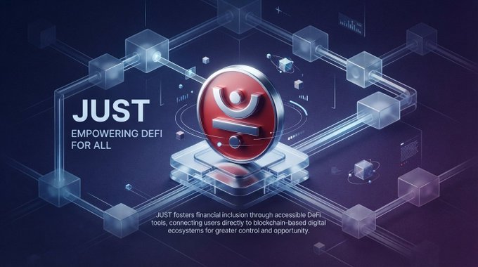 A digital promotional graphic for 'JUST' cryptocurrency featuring the slogan 'EMPOWERING DEFI FOR ALL' with a stylized logo, blockchain cubes, and text describing accessible DeFi tools.