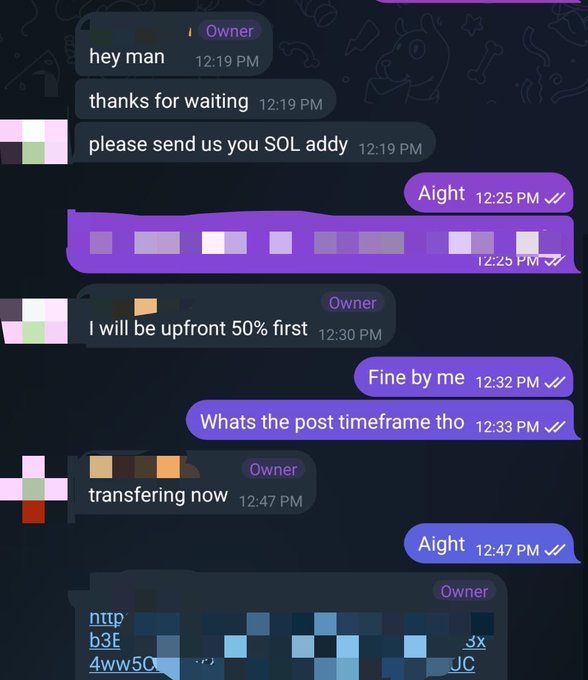 A direct message conversation showing a successful collaboration where someone sends a "SOL addy" (Solana wallet address), receives 50% upfront payment, and a post-transaction message confirms the transfer of SOL (visible as "nttpb3E...4ww5Q...JC") — illustrating a "collab secured" outcome in the web3 space.