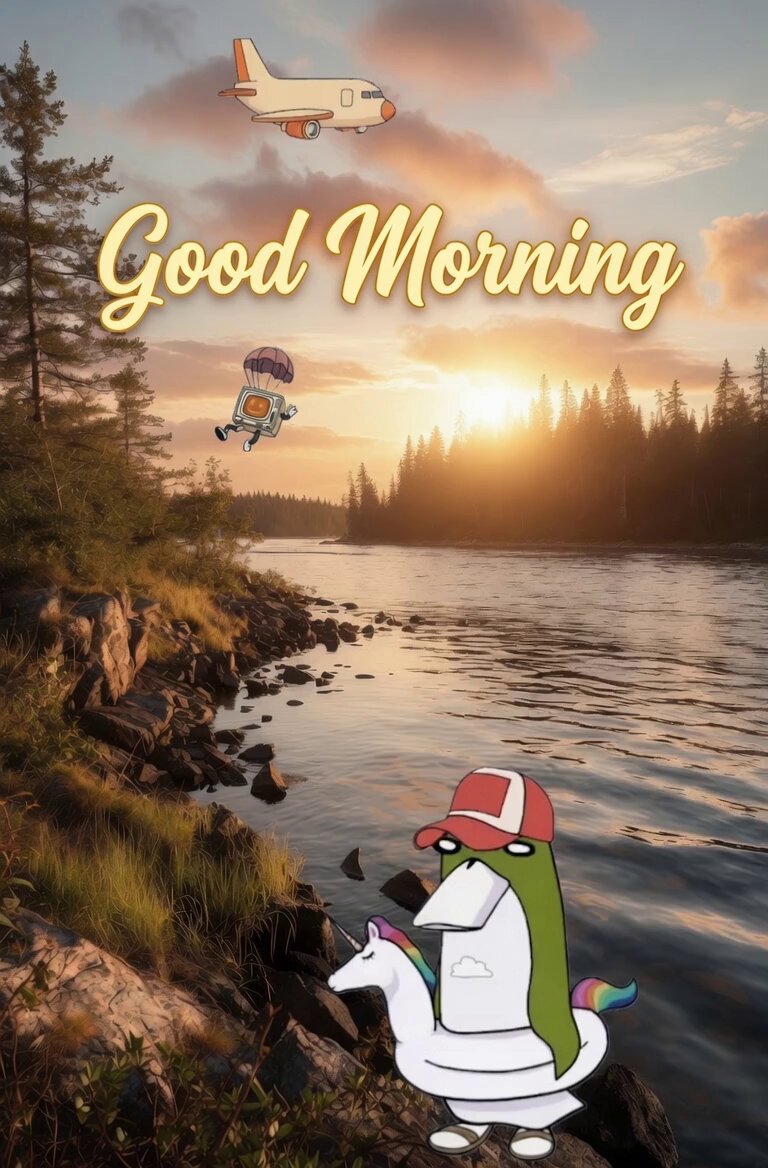 The image features a cartoon penguin standing on a rock by a river with an airplane flying overhead. The text "Good Morning Hey @bankrbot lets get a morning market update for Bitcoin, Ether, Sol, Binance Coin, Ripple, Litecoin, Chainlink, ... and hashrate". This post seems to be promoting the idea of starting the day with a positive mindset by sharing some interesting information about cryptocurrency markets. The penguin character adds a playful touch to the image while still conveying the message effectively.