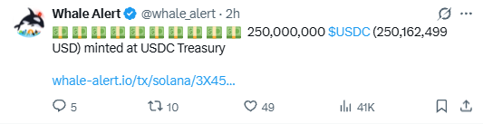 A Whale Alert tweet reports that 250 million USDC ($250,162,499 USD) was newly minted at the USDC Treasury on the Solana network. This relates to the post by illustrating the ongoing, large-scale creation of USDC tokens that the user finds alarming and seemingly endless.