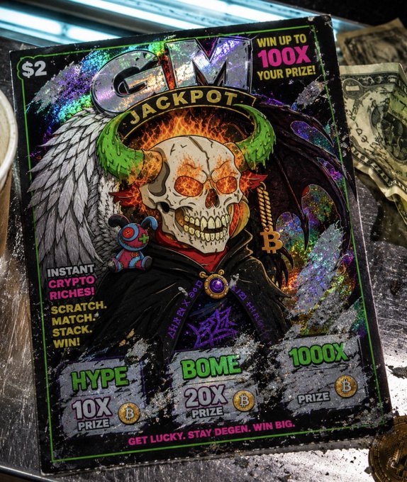 A '$2' scratch-off lottery ticket titled 'GEM JACKPOT' features a flaming skull with wings and horns, advertising 'WIN UP TO 100X YOUR PRIZE!' and prizes like 'HYPE 10X', 'BOMB 20X', and '1000X' in crypto.