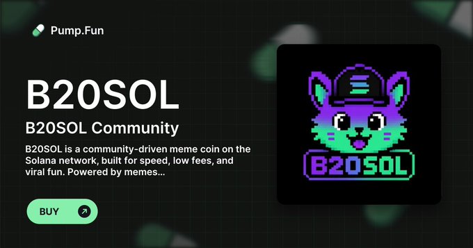 A Pump.Fun promotional graphic for B20SOL Community, featuring a pixelated purple and green cat mascot wearing a cap, with the text "B20SOL is a community-driven meme coin on the Solana network" and a green "BUY" button linking to the project's pump.fun page.