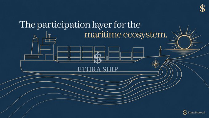A dark blue promotional graphic featuring a line-art illustration of a cargo ship labeled "ETHRA SHIP" with the text "The participation layer for the maritime ecosystem" and "Ethra Protocol" logo.