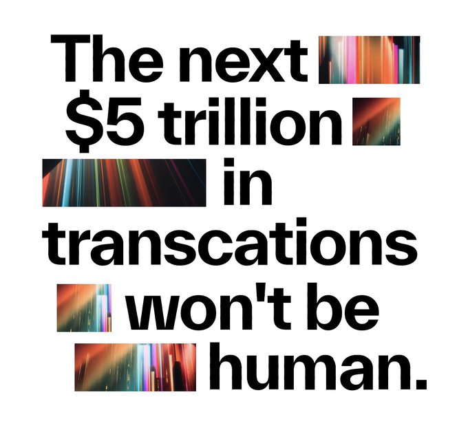 A bold graphic featuring the text "The next $5 trillion in transactions won't be human." in large black sans-serif font, accented with colorful abstract streaks of pink, orange, blue, and red. The image visually reinforces the post's theme about AI agents driving the future of finance on Sui, highlighting the massive economic opportunity of agentic transactions that Mysten Labs is positioning Sui to capture.