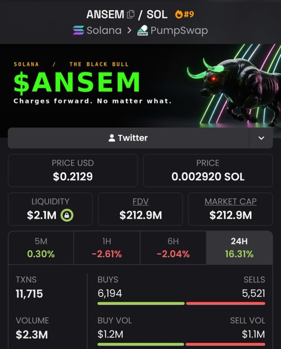 A cryptocurrency token page for "$ANSEM" on the Solana network via PumpSwap, featuring a black bull graphic and the tagline "Charges forward. No matter what." with a price of $0.2129 and market cap of $212.9M.