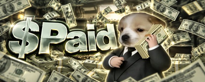 A humorous meme featuring the 'Paid Doge' character in a black suit holding a stack of cash, with the text '$Paid' overlaid on a background of falling dollar bills.