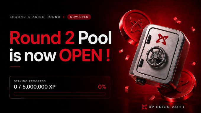 Promotional graphic announcing that XP Union Vault's Second Staking Round is now open, with the heading "Round 2 Pool is now OPEN!" and a staking progress tracker showing "0 / 5,000,000 XP" at 0%, accompanied by a 3D vault illustration in red and black.