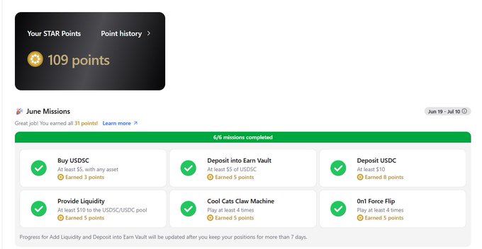 A crypto rewards dashboard showing 109 STAR points and six completed June missions including 'Buy USDC', 'Deposit into Earn Vault', and 'Provide Liquidity'.
