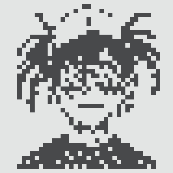 A pixel art portrait of a person with messy hair, glasses, and earrings rendered in dark blue and white squares.