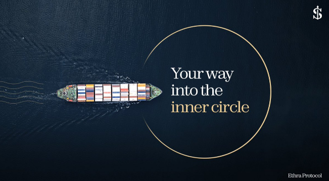 An aerial view of a container ship sailing on dark water, accompanied by the text "Your way into the inner circle" and "Edara Protocol".