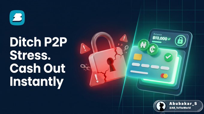 A promotional graphic featuring a cracked red padlock symbolizing P2P trading risks alongside a glowing credit card displaying "Balance $13,000," with the headline "Ditch P2P Stress. Cash Out Instantly," visually reinforcing the post's message about replacing P2P anxiety with Breet's automated direct-to-bank USDT/BTC cashouts.