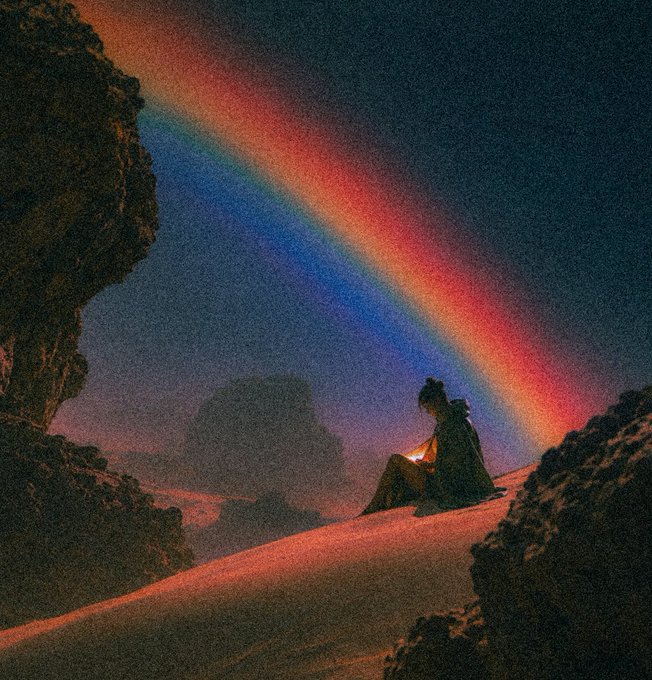 A romantic digital painting of a figure sitting on a sandy dune beneath a vibrant rainbow at twilight, with rocky cliffs on either side.