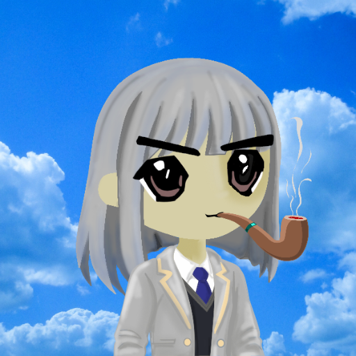 A chibi-style digital avatar of a person with long silver/gray hair, large purple eyes, and an angry expression, wearing a white school uniform jacket with a blue tie, smoking a brown pipe against a blue sky with clouds.
